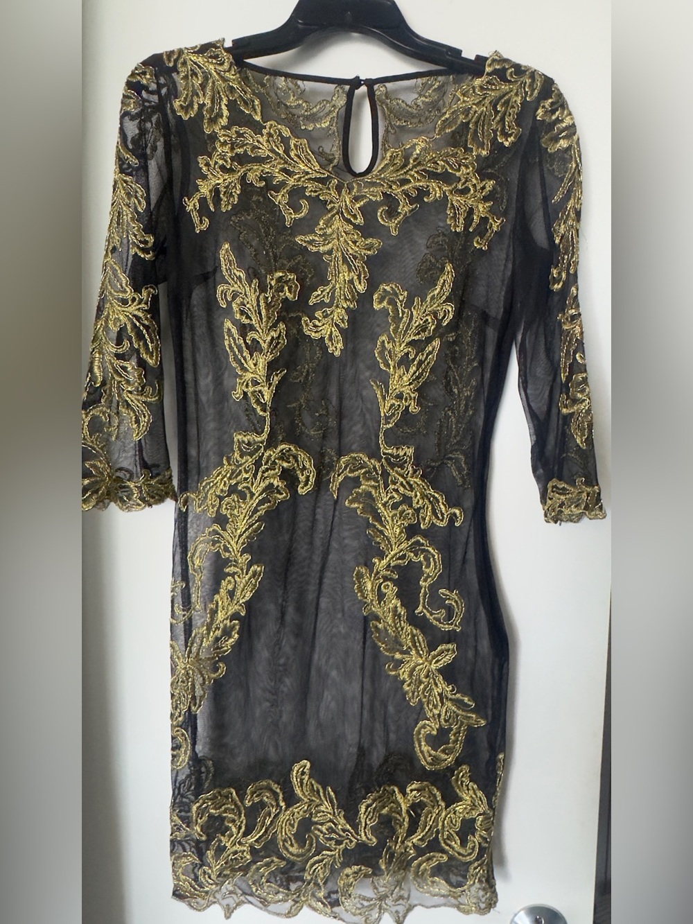 NEW Sheer Black Dress with Gold Embroidered Detail super sexy see through SM - M